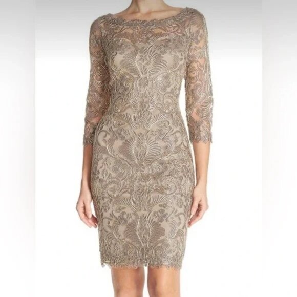 Tadashi Shoji Corded Embroidery Dress Sheath Smoke Pearl Dress Women's Sz 12 B8 - Picture 1 of 12